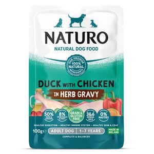 Comida húmeda para perros Pouche adulto sabor pato en salsa de hierbas 100g Naturo