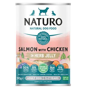 Comida húmeda para perros Lata adulto sabor pollo en gelatina de hierbas 390g Naturo