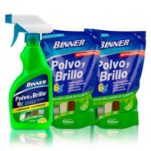 Limpiador lustrador Polvo y Brillo x300ml + 2 recargas x300ml Binner